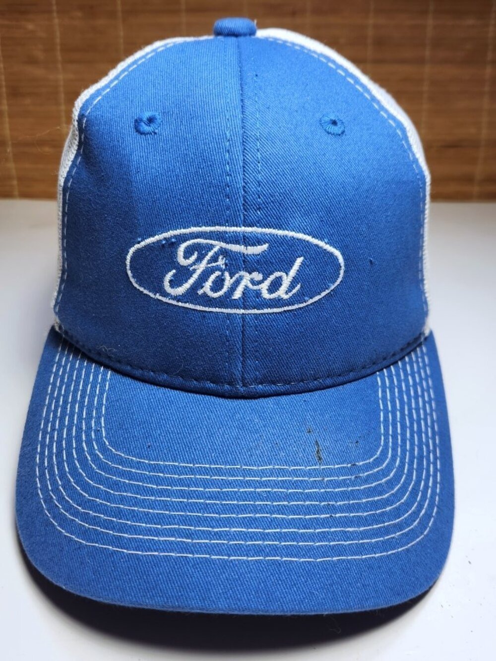 Ford Truckers Hat Vintage Blue White Mesh Back Hook Loop Adjustable AJM Cap